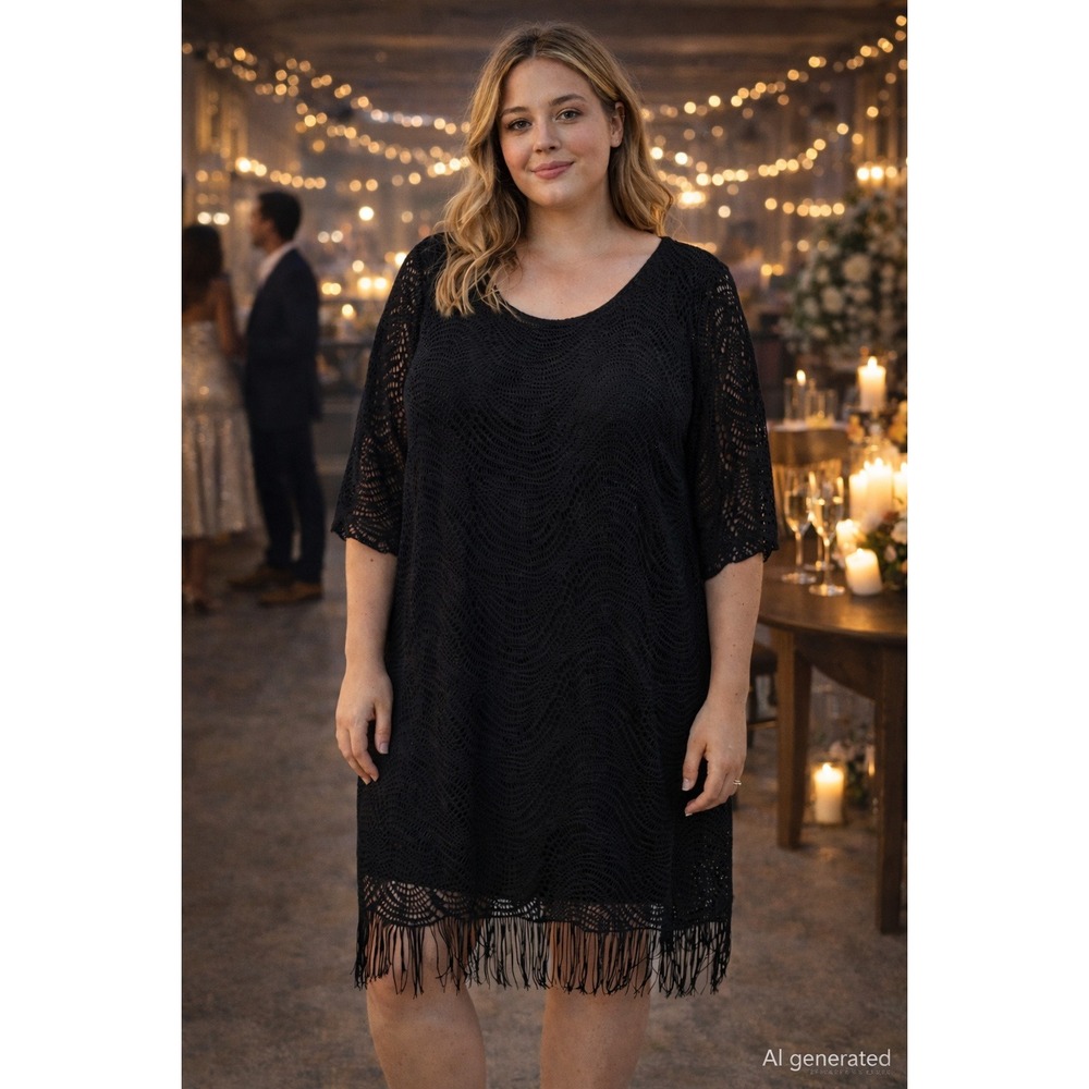 Catherines Womens Lace Fringe Dress Size 2X Black 3/4 Sleeve Party Evening Chic